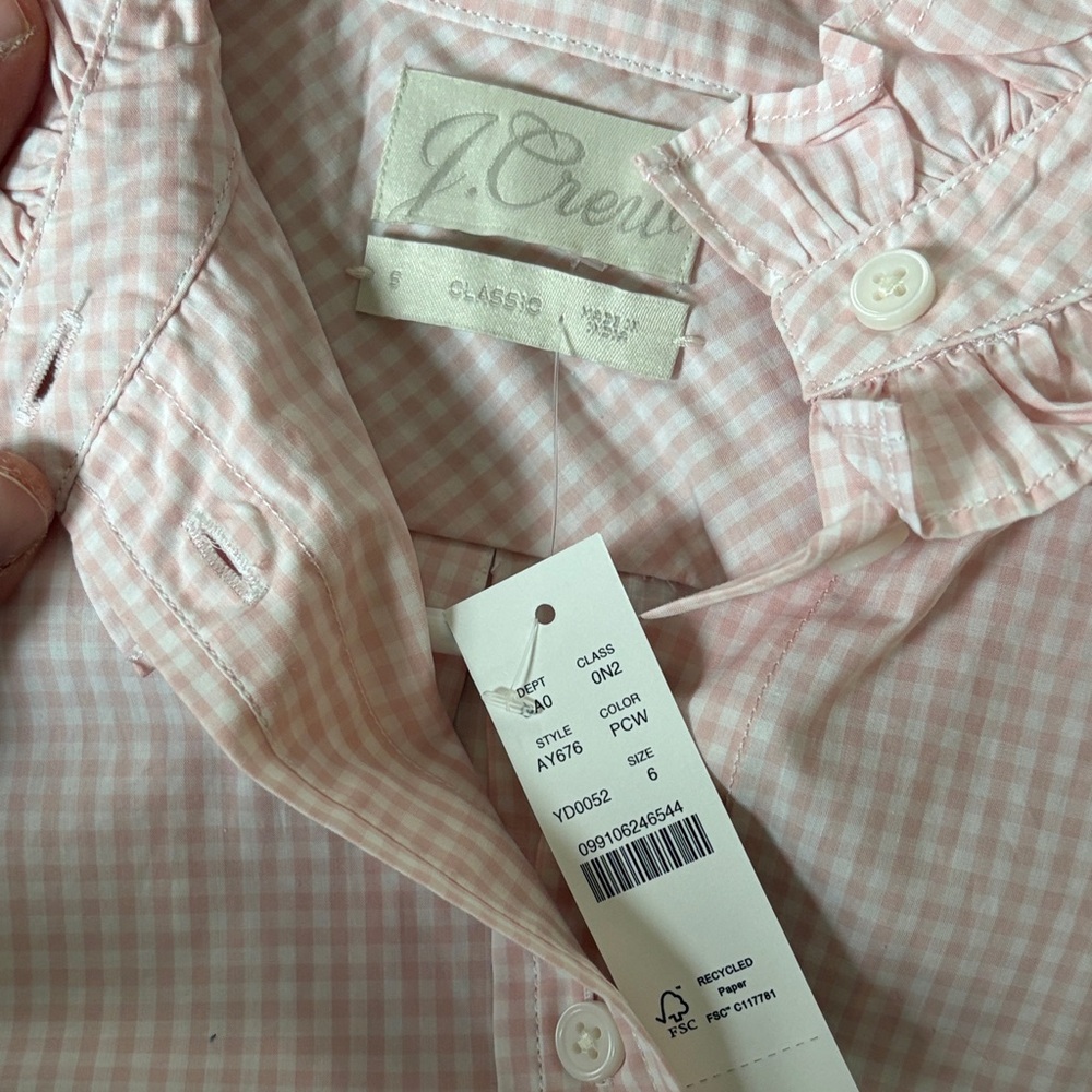 J Crew Pink Gingham Ruffle Collar Button-Up Blouse Size 6 - Picture 2 of 4